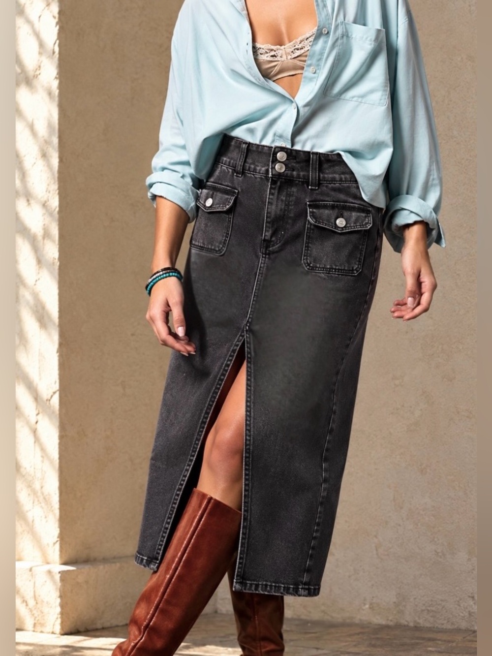 NWT Free People Black Denim Midi Skirt with Front Slit